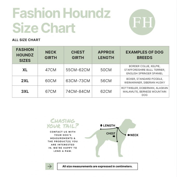 Fashion Houndz size chart for dog clothing with measurements and examples of dog breeds.