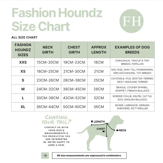 Fashion Houndz size chart for dog clothing with measurements and examples of dog breeds.