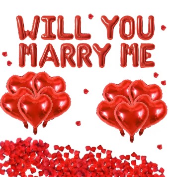 Red heart-shaped balloons with 'WILL YOU MARRY ME' text and red confetti on a white background
