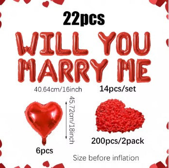 Promotional graphic for 'Will You Marry Me' balloon set with product details on a white background.