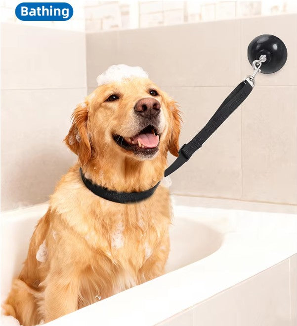 Dog in a bathtub with a black leash attached to a ball, labeled 'Bathing'.