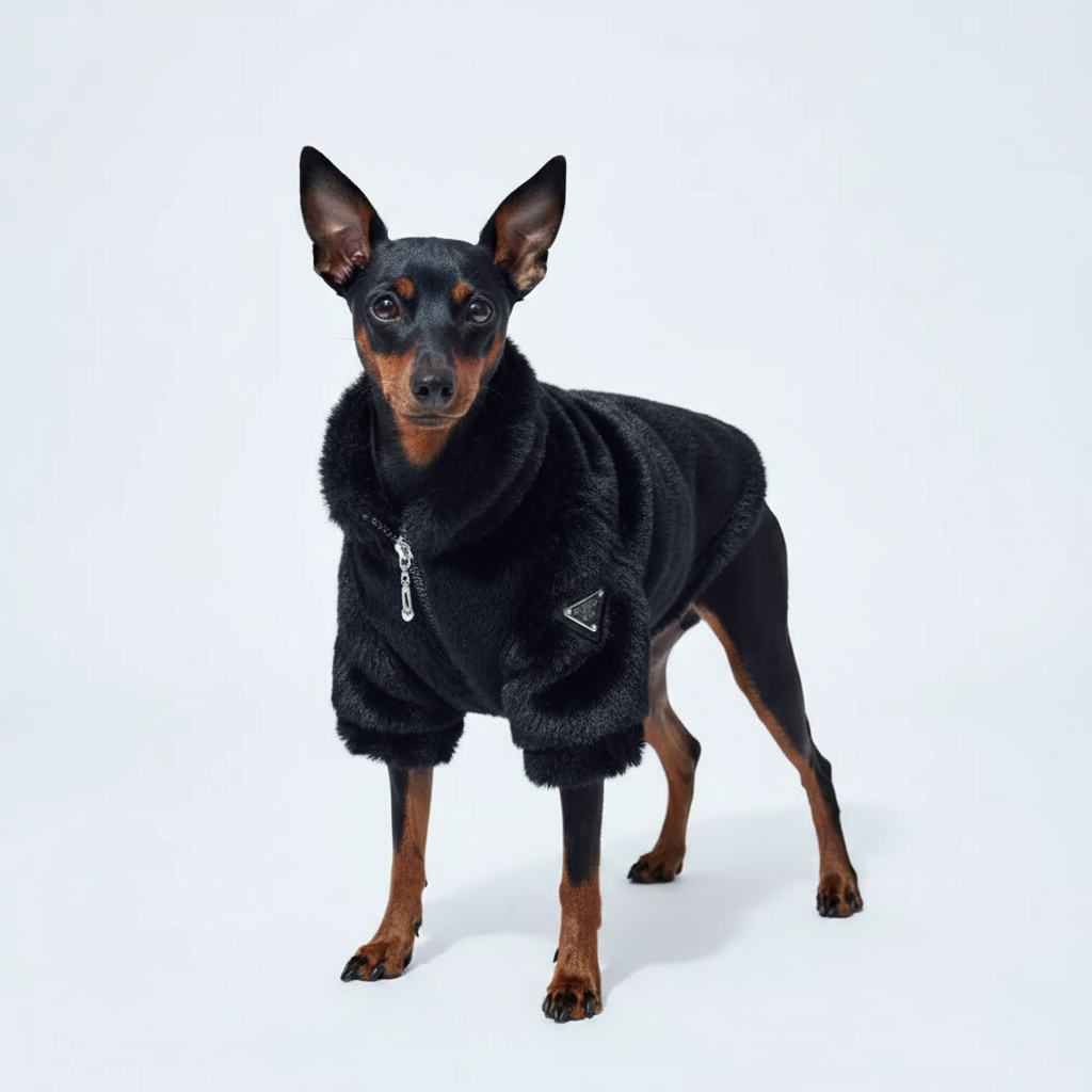 Dog wearing a black coat on a white background