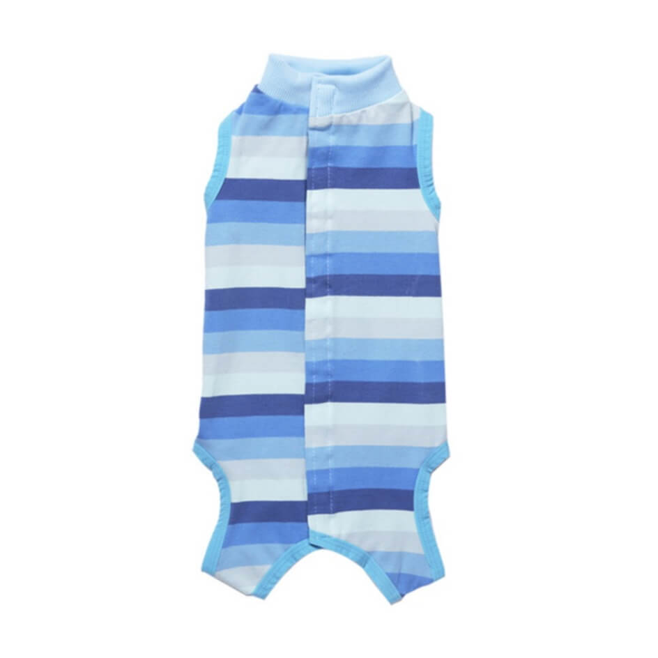 Blue striped dog jumpsuit on a white background