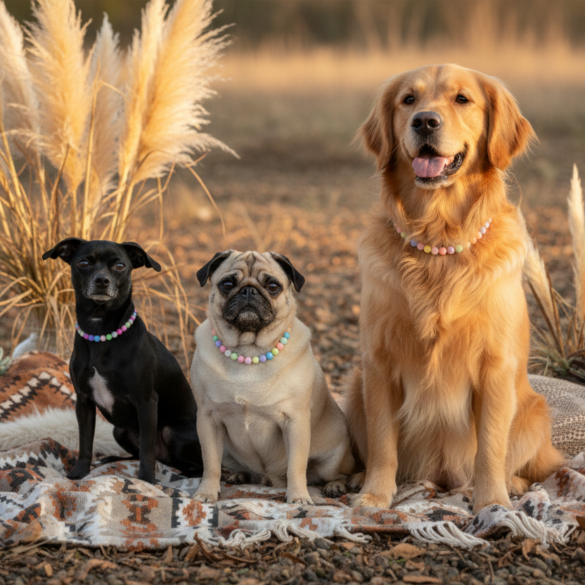 Three dogs sitting on a blanket in a desert-like setting with cacti and dry grass.