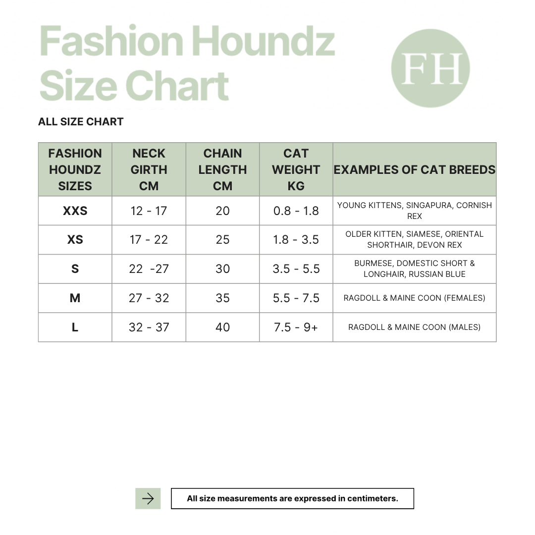 Fashion Houndz size chart for cat collars with measurements and examples of cat breeds.