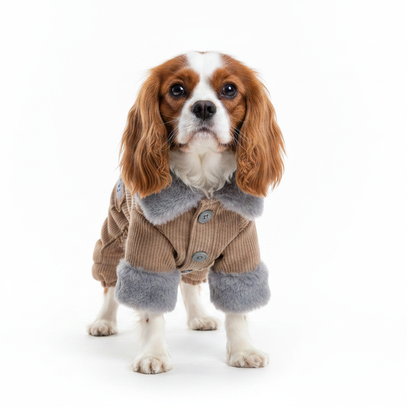Dog wearing a brown and gray coat on a white background