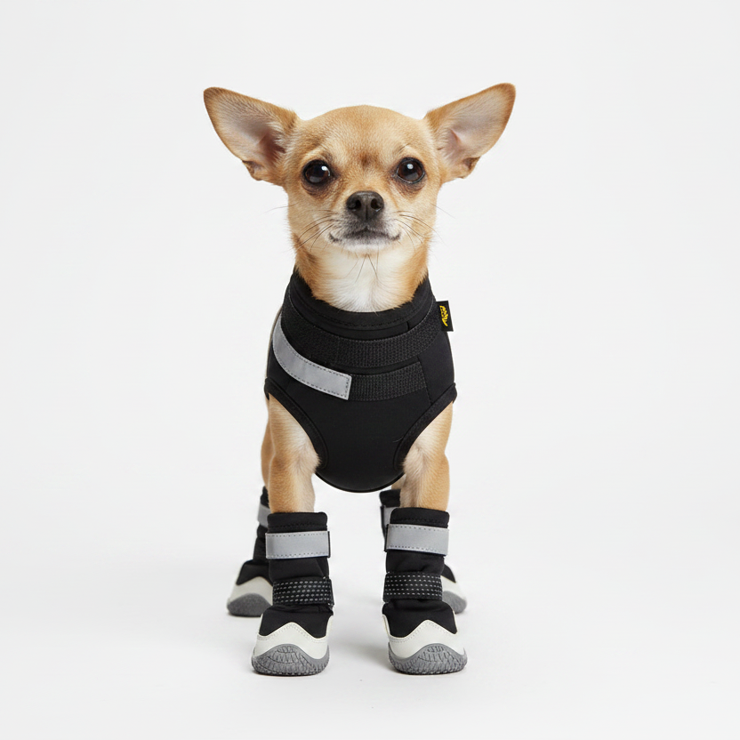 Small dog wearing a black harness and reflective dog boots on a white background