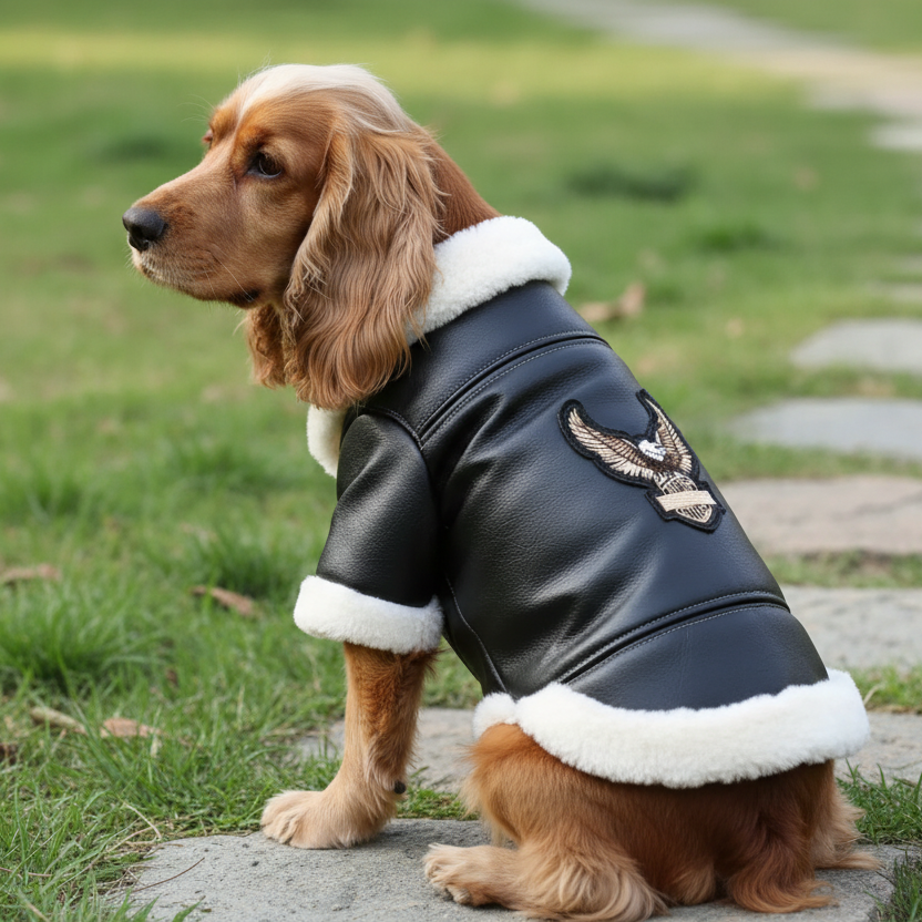 Dog wearing a black leather jacket with white fur trim sitting on a grassy path.