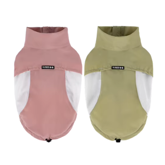 Two dog jackets shown side by side on a plain white background, one in dusty pink and one in olive green. Both jackets feature a high collar, mesh side panels, and a small black brand label that reads 'VPET-006'.