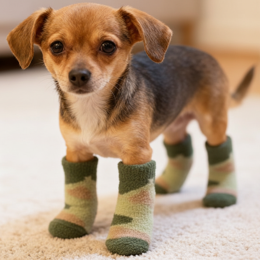 Small dog wearing green camouflage socks on a carpeted floor.