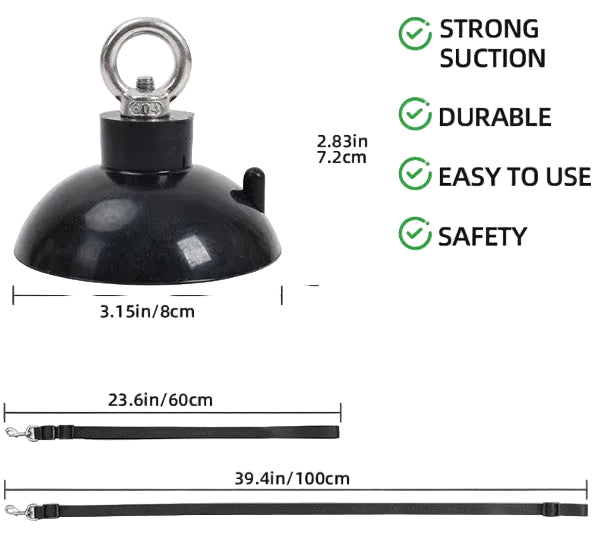 Black suction cup with measurements and features listed on a white background