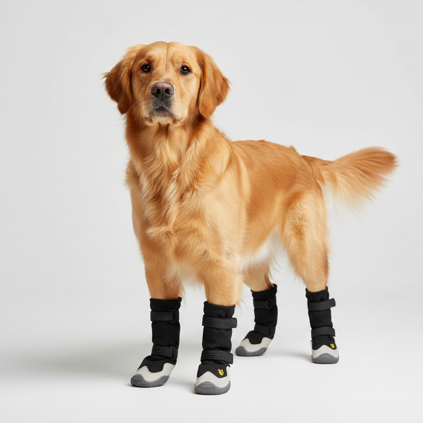 Dog wearing black boots on a white background