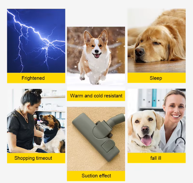A 3x2 collage of six panels demonstrating a pet vacuum cleaner's suction effect. The panels include: a frightened lightning scene, a sleeping dog labeled 'Sleep', a woman shopping with her dog labeled 'Shopping timeout', a dog labeled 'Warm and cold resistant' on a carpet, a close-up of the gray vacuum head labeled 'Suction effect', and a veterinarian smiling with a dog labeled 'fall ill'.