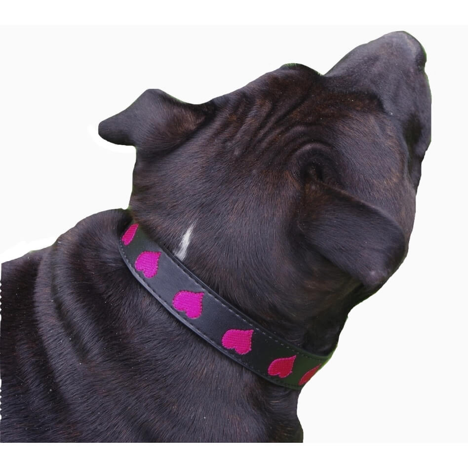 Collar Black Embroidered Pink Hearts