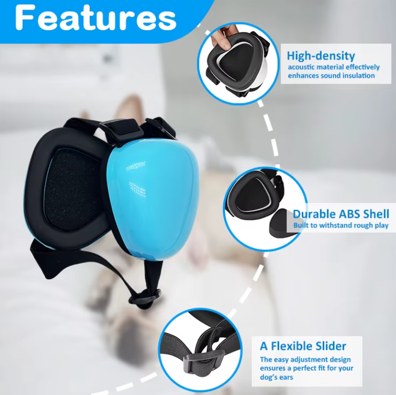 A pet muzzle or ear cover shown on a blurred cat with feature callout circles and text reading 'Features,' highlighting high-density acoustic material, a durable ABS shell, and a flexible slider.