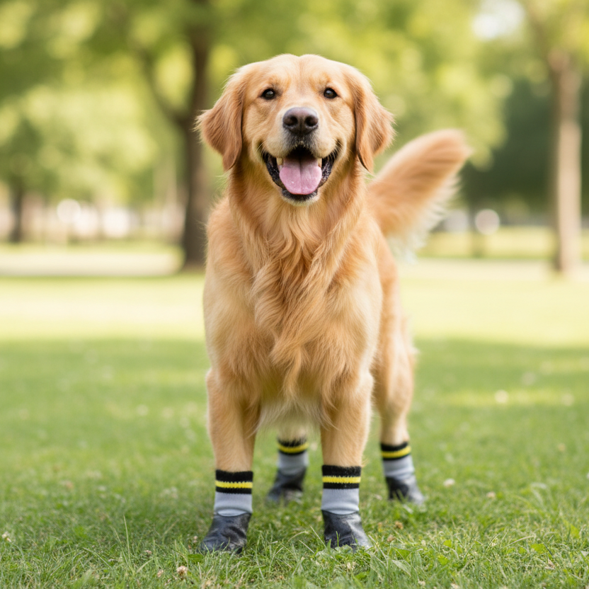 Full body dog wearing grey non-slip waterproof socks outdoors