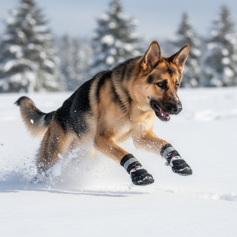 German Shepherd running in the snow with protective boots on a snowy landscape.