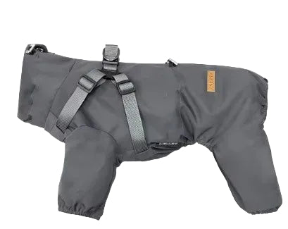 Dark gray dog coat with harness on a white background