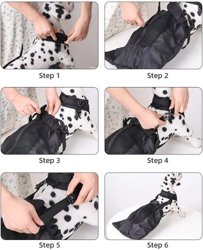 Step-by-step process of putting on a black pet boot on a Dalmatian dog.