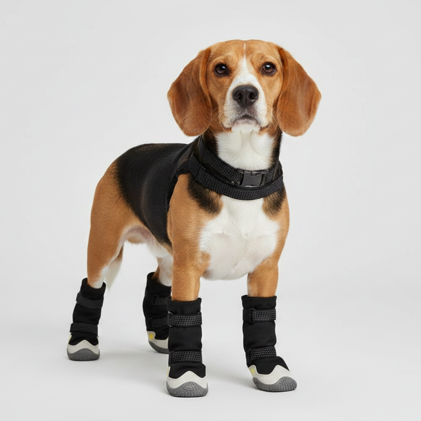 Dog wearing a black harness and protective booties on a white background