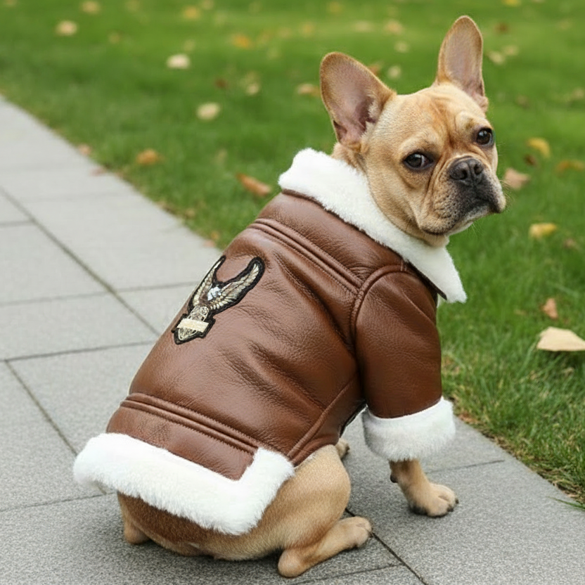 Dog wearing a brown leather jacket with white fur trim on a grassy area.