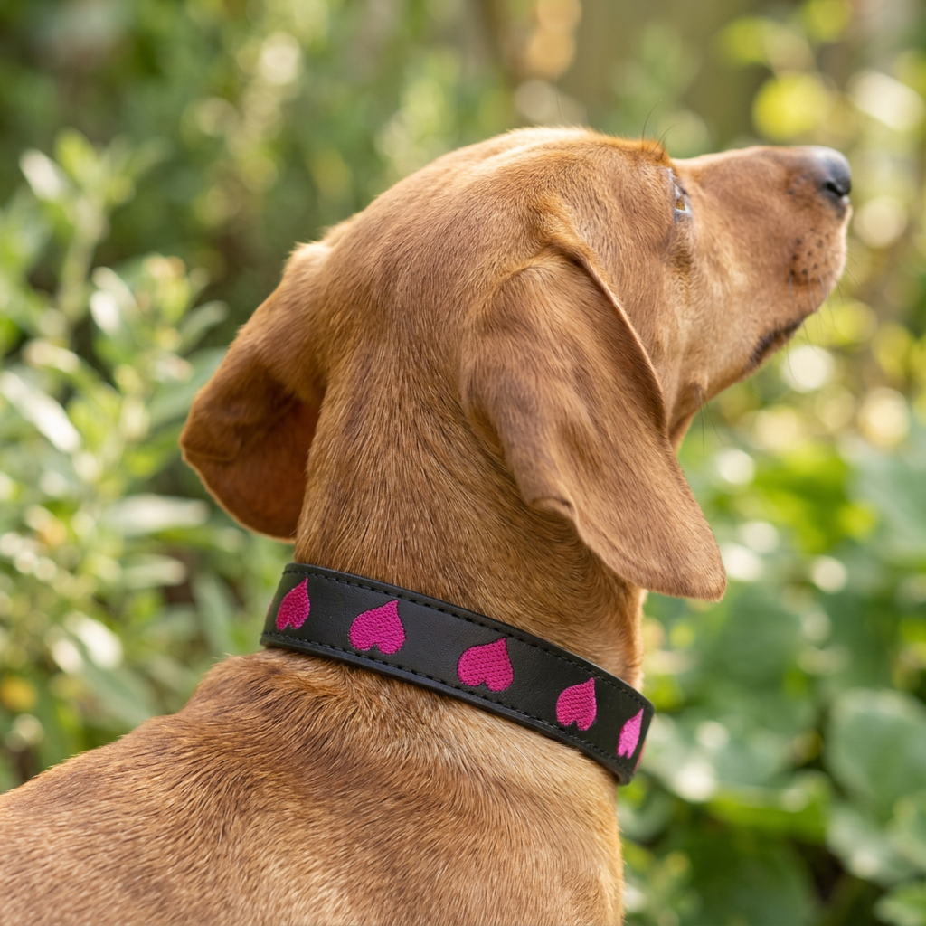 Collar Black Embroidered Pink Hearts