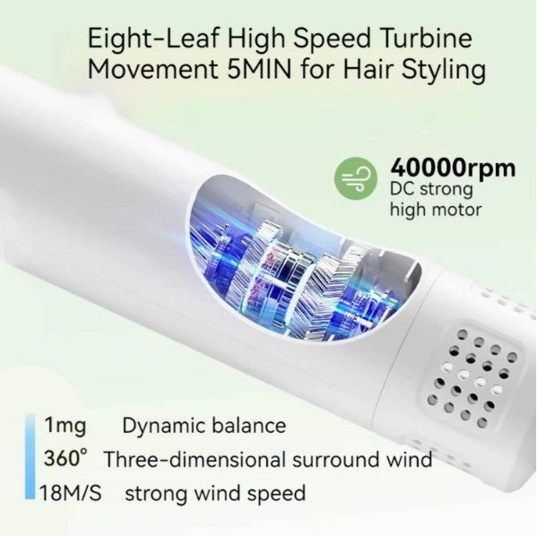 Hair styling tool with text detailing features on a light green background