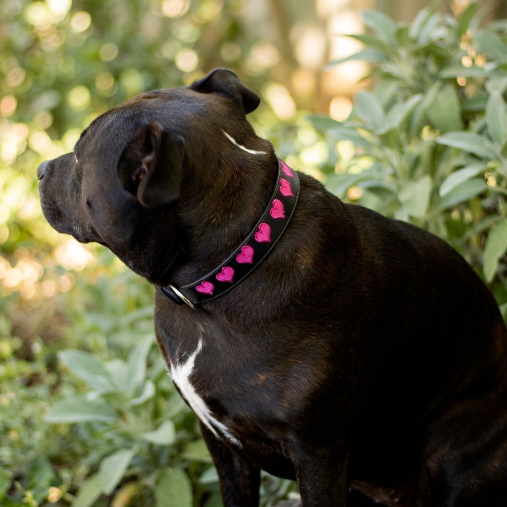 Collar Black Embroidered Pink Hearts
