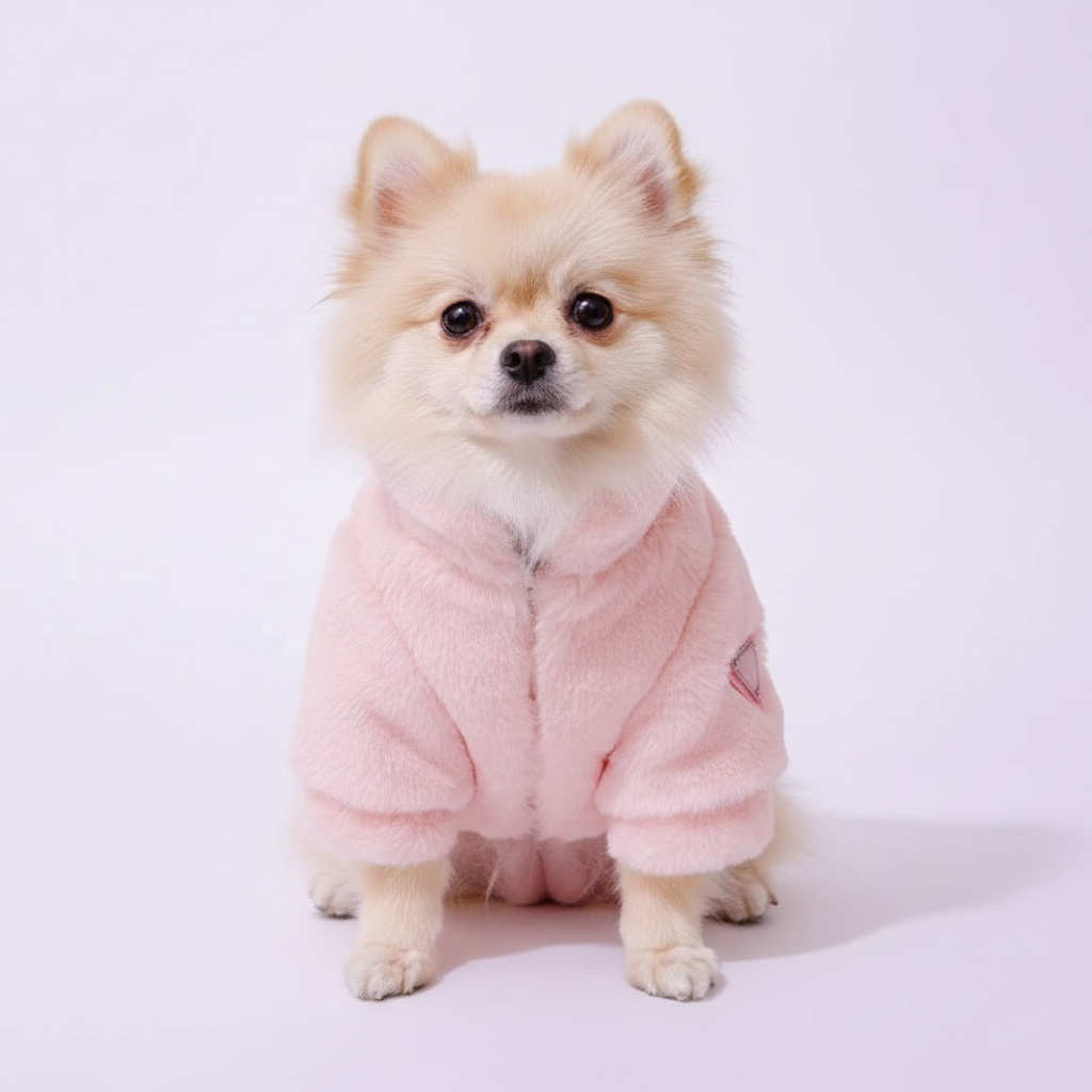 Small dog wearing a pink robe on a white background