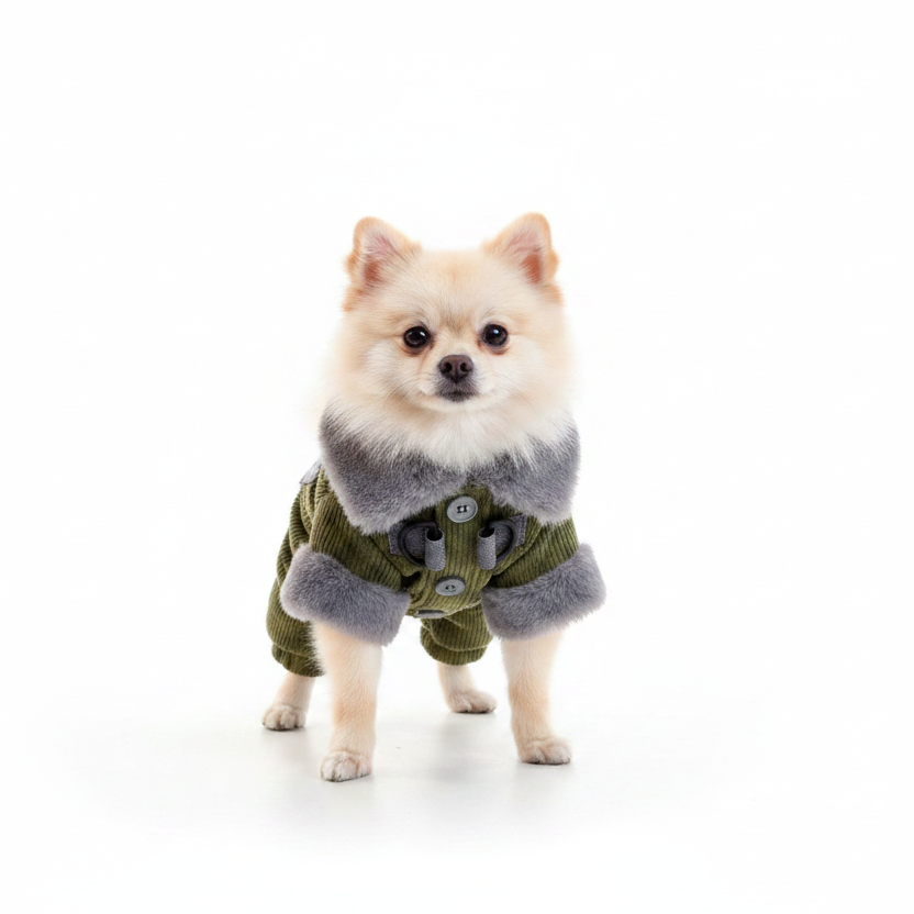 Small dog wearing a green and gray sweater on a white background