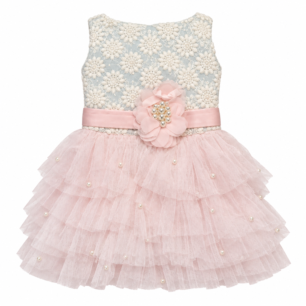 Dress Formal Sparkly Silver Pink Sash and Pearls