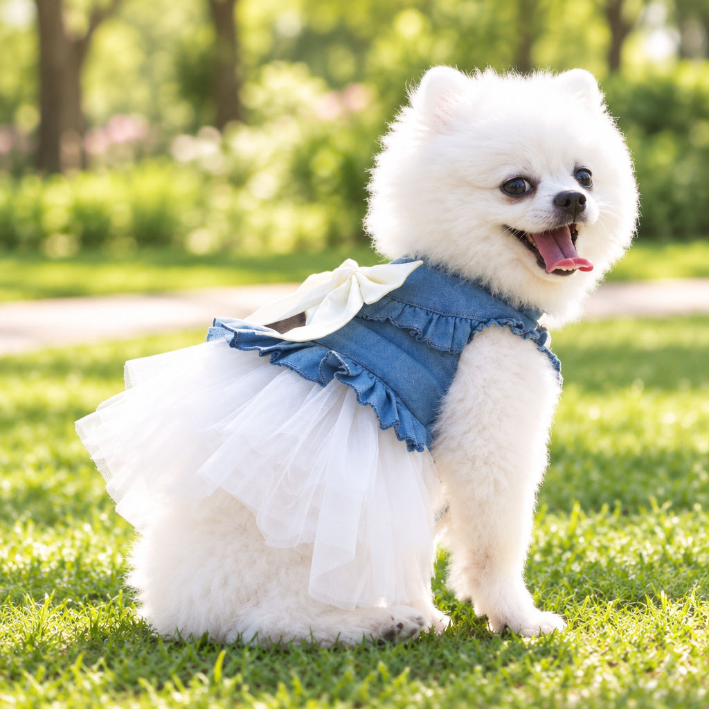 Dog Dress Soft Denim and Tulle Skirt with Bow